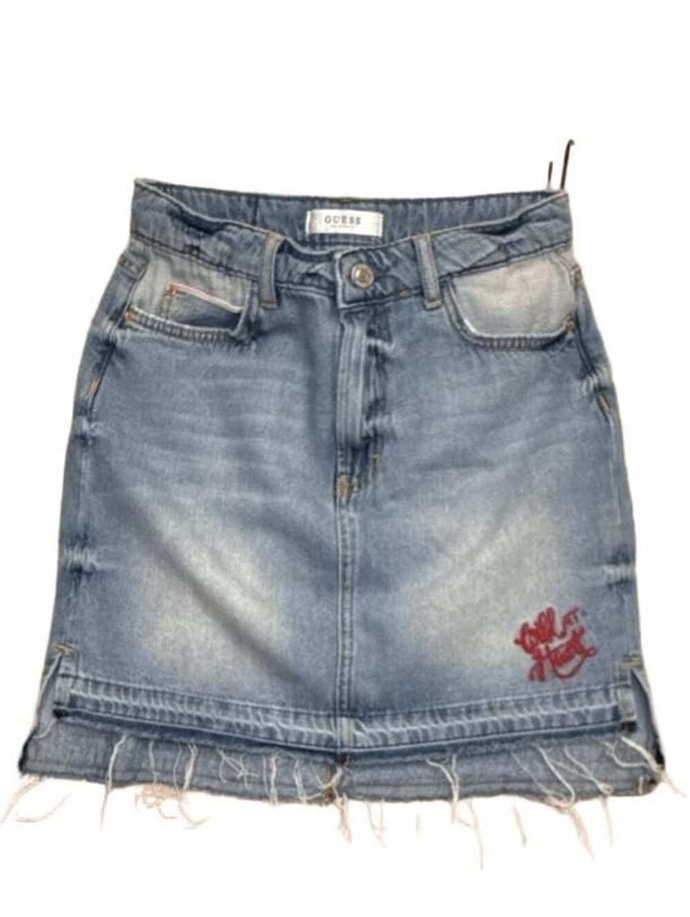 Guess Y2K Denim Skirt Size 27 Distressed Raw Hem Blue